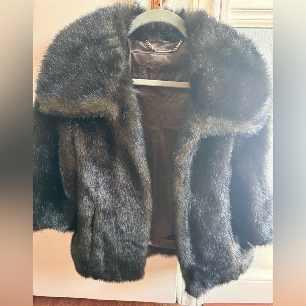 Express Black Faux Fur Teddy Jacket with 3/4 Sleeves
